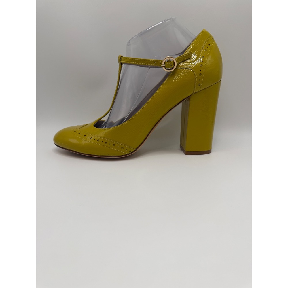 Boden Chartreuse Yellow Patent Leather T-Strap Brogue Block Heels Size 40
